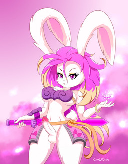 anthro breasts fur genitals gynomorph hair intersex knife melee_weapon penis pink_eyes pink_hair solo sword weapon white_body white_fur canofstars gunfire_reborn tao_(gunfire_reborn) lagomorph leporid mammal rabbit hi_res
