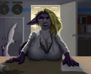 ass_up backlighting beverage big_breasts blonde_hair bottomwear breasts claws cleavage clock clothed clothing coffee conflicted door door_handle doorknob eyewear female frown glasses hair huge_breasts infographic light lingerie lipstick long_ears looking_at_viewer makeup non-mammal_breasts office open_clothing open_door open_shirt open_topwear paper purple_body purple_lipstick purple_skin sharp_teeth shelf shirt skirt solo spilled_drink spilled_liquid tail teeth topwear wearing_glasses yellow_eyes thejoyfuldragon aquatic fish marine_mammal reef_shark shark hi_res lighting