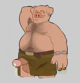 armpit_hair balls belly big_penis body_hair chain_jewelry ear_piercing erection genitals glans hairy hand_behind_head male overweight penis piercing slightly_chubby lemuralert microsoft minecraft mojang xbox_game_studios domestic_pig mammal piglin suid suine sus_(pig) 2025 hi_res