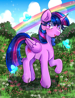 blush blush_lines cloud eyelashes female feral flower grass heart_eyes heart_symbol horn long_eyelashes looking_at_viewer plant rainbow shrub solo sparkles wings aquamarine_arts friendship_is_magic hasbro my_little_pony mythology twilight_sparkle_(mlp) arthropod butterfly equid equine insect lepidopteran mammal mythological_creature mythological_equine winged_unicorn hi_res