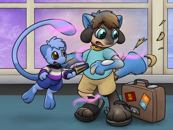 anthro blue_body blue_eyes blue_fur brown_eyes clothing duo fangs fur male mid_transformation slides_(footwear) species_transformation suitcase tail_burst teeth torn_clothing transformation crizbn anthrocon nintendo papers_please pokemon chris_(crizbn) generation_1_pokemon generation_4_pokemon human legendary_pokemon mammal mew_(pokemon) pokemon_(species) riolu 4:3 hi_res