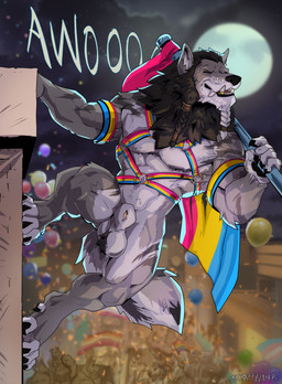 4_toes 5_fingers animal_genitalia anthro awoo balloon balls black_mane black_nose claws eyes_closed fangs feet finger_claws fingers full_moon fur furgonomic_piercing furgonomics genital_piercing genitals grey_body grey_fur harness hindpaw howl humanoid_hands inflatable leather leather_harness lgbt_pride male mane moon muscular muscular_anthro muscular_male night nude nude_anthro nude_male outdoor_nudity outside paws piercing pride_colors rainbow_flag rainbow_harness rainbow_pride_flag rainbow_symbol ring_piercing sheath sheath_piercing sheath_ring solo tail teeth toe_claws toes scrappyvamp mythology mjodvitnir canid canine mammal mythological_canine mythological_creature werecanid werecanine werecreature werewolf hi_res