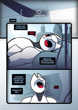 anthro bed dialogue furniture grey_body hospital_bed lying machine male multicolored_body red_sclera solo speech_bubble text two_tone_body white_body rem_phase avian bird owl robot 2026 absurd_res comic english_text hi_res