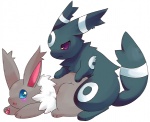 alternate_color ambiguous_gender blue_eyes duo feral feral_on_feral from_behind_position male male/ambiguous red_eyes sex side_view simple_background tail white_background toraneko38 nintendo pokemon canid canine eevee eeveelution generation_1_pokemon generation_2_pokemon mammal pokemon_(species) umbreon