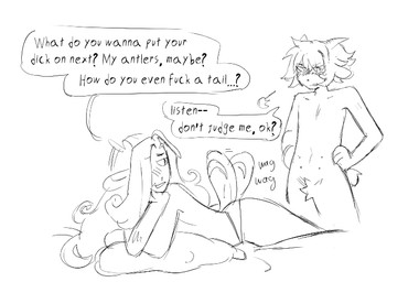 ambiguous_gender antlers bed blush clothed clothing crotch_tuft dialogue duo emanata furniture hands_on_hips hands_on_own_hips horn humanoid_on_humanoid looking_back lying nude_anthro on_bed on_front one_eye_obstructed panties panties_only pillow profanity short_tail speech_bubble tail tail_fetish tail_motion tail_play tailwag text topless tuft underwear underwear_only hoofcoochie bunny_(hoofcoochie) dane_(hoofcoochie) animal_humanoid bovid bovid_humanoid caprine caprine_humanoid deer humanoid mammal mammal_humanoid sheep_humanoid 2025 english_text monochrome nonbinary_(lore) trans_(lore) trans_man_(lore)