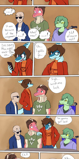 anthro bald biped blue_body blue_clothing blue_eyes blue_jacket blue_scales blue_topwear bone_frill breasts brown_background brown_hair cellphone clothed clothed_anthro clothed_female clothed_human clothed_male clothing dialogue disability electronics ellipsis eyes_closed eyewear female fingers freckled_chest freckled_face freckles frill_(anatomy) frown furniture green_body green_clothing green_hair green_scales green_shirt green_topwear grey_eyes group hair holding_cellphone holding_object holding_phone holding_smartphone humanoid_hands jacket looking_at_another male markings medium_breasts medium_hair muscular muscular_anthro muscular_male non-mammal_breasts open_clothing open_jacket open_topwear orange_clothing orange_shirt orange_topwear paraplegic phone phone_call pupils purple_eyes red_clothing red_jacket red_topwear scales scared screaming shirt short_hair simple_background sitting small_pupils smartphone speech_bubble standing striped_markings stripes sunglasses table talking_to_another text topwear vehicle wheelchair white_clothing white_shirt white_topwear yellow_sclera koopacoon cavemanon_studios i_wani_hug_that_gator benjamin_mcknight damien_payne inco_(iwhtg) olivia_halford baryonyx dilophosaurid dilophosaurus dinosaur hadrosaurid human hybrid mammal ornithischian ornithopod parasaurolophus prehistoric_species reptile saurischian scalie spinosaurid spinosaurus theropod absurd_res colored comic english_text hi_res long_image signature tall_image