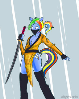5_fingers abstract_background action_pose anthro anthrofied biped black_clothing black_eyes black_footwear black_kerchief blonde_hair blue_body blue_breasts blue_ears blue_fur blue_hair blue_tail breasts cleavage clothed clothing cutie_mark dot_eyes female fingers footwear fur green_hair hair holding_melee_weapon holding_object holding_sword holding_weapon katana kerchief melee_weapon multicolored_hair multicolored_tail ninja orange_clothing orange_topwear pattern_clothing ponytail pose purple_tail red_hair red_tail simple_eyes solo standing sword tail topwear warrior weapon yellow_tail dirtyscoundrel friendship_is_magic hasbro my_little_pony rainbow_dash_(mlp) 2015 digital_media_(artwork) digital_painting_(artwork) painting_(artwork) signature