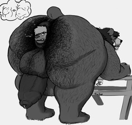 anal anal_vore anthro anus backsack balls bent_over big_balls bodily_fluids body_hair butt_hair drooling duo foreskin furniture genital_fluids genitals hairy looking_back male male/male onomatopoeia overweight overweight_male penis picnic_table precum pubes puffy_anus saliva scared short_tail size_difference sound_effects table tail tears text thought_bubble tusks vore whining adrian_dough bear_(adriandough) bear hyena mammal hi_res monochrome