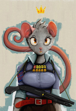 anthro belt big_breasts breasts buckteeth clothed clothing female fur grey_body grey_fur gun long_tail looking_at_viewer ranged_weapon shotgun simple_background solo tail teeth text topwear weapon whiskers gompami mammal mouse murid murine rodent 2025 absurd_res hi_res