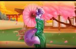 anthro asian_clothing cherry_blossom clothing detailed_background east_asian_clothing female flower japanese_clothing kimono parasol plant prunus_(flower) solo sunset steel_tigerwolf ayumi_(whitephox) canid canine fox mammal 2014