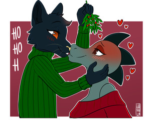 anthro blush clothing female female/female green_clothing holding_mistletoe holidays imminent_kiss mistletoe plant red_clothing red_face romantic romantic_couple sweater topwear lunula christmas night_in_the_woods bea_santello mae_borowski alligator alligatorid crocodilian domestic_cat felid feline felis mammal reptile scalie absurd_res hi_res