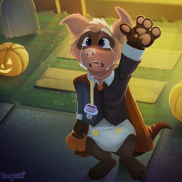 ageplay anthro bodily_fluids candy clean_diaper clothed clothing costume crying dessert diaper food fruit holidays infantilism male night outside plant pumpkin reaching_up roleplay scared solo tears toddler trick-or-treating wearing_diaper white_diaper young young_anthro young_male smokeyaussie halloween domestic_ferret mammal mustelid musteline true_musteline vampire weasel 1:1