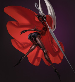 anthro armor big_butt black_body black_eyes butt cloak clothing empty_eyes female holding_object holding_weapon purple_background rear_view red_cloak red_clothing simple_background solo thick_thighs weapon white_body wide_hips wassnonnam hollow_knight_(franchise) team_cherry hornet_(hollow_knight) arthropod insect absurd_res hi_res