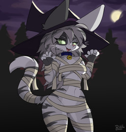 anthro breasts claws clothing collar convenient_censorship female forest forest_background green_eyes green_sclera hair hat headgear headwear holidays huge_hips markings mummy_wrappings nature nature_background night open_mouth outside plant sharp_teeth small_waist solo striped_body striped_hair striped_markings striped_tail stripes tail tail_markings teeth tree wide_hips witch_hat biddoboss halloween saya_(biddoboss) domestic_cat felid feline felis mammal 2025 absurd_res hi_res watermark