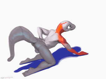 all_fours anthro backsack balls biped feet genitals humanoid_feet humanoid_hands male male_anthro multicolored_body nude nude_anthro nude_male orange_body perineum plantigrade simple_background solo tail text two_tone_body white_background white_body 7b7a2f scalie 2025 4:3 absurd_res artist_name digital_media_(artwork) digital_painting_(artwork) hi_res painting_(artwork)