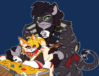 anthro black_body blonde_hair blush clothed clothing duo femboy fur gold_(metal) hair leopard_spots male male/male open_mouth red_eyes sex simple_background smile spots tail transparent_background treasure treasure_chest tasticstarlight iagu_viron talia_(tasticstarlight) domestic_cat felid feline felis jaguar mammal pantherine alpha_channel digital_media_(artwork) hi_res