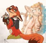 2018 ambiguous_gender anthro bottomwear canid canine carrying_another clothed clothing container cup dipstick_tail disney fan_character fox fully_clothed fur green_eyes group hi_res holding_container holding_cup holding_object inner_ear_fluff mammal markings multicolored_tail necktie nick_wilde orange_body orange_fur pants red_fox shirt simple_background tail tail_markings topwear true_fox tuft xx-junglebeatz-xx young young_anthro zootopia