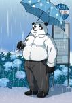 anthro belly black_nose bottomwear clothing humanoid_hands male outside overweight overweight_anthro overweight_male pants raining shirt solo text topwear umbrella pandarita bear giant_panda mammal 2018 absurd_res hi_res japanese_text