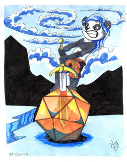 anthro bared_teeth black_body black_fur black_nose blue_bottomwear blue_clothing blue_hair blue_shorts blue_sky bottomwear clothed clothing cloud facial_piercing fur hair logo long_hair male melee_weapon narrowed_eyes nose_piercing nose_ring piercing ring_piercing septum_piercing septum_ring shorts sky solo standing sword teeth topless weapon white_body white_fur young young_anthro young_male pandapaco bear giant_panda mammal 2015 artist_logo dated signature