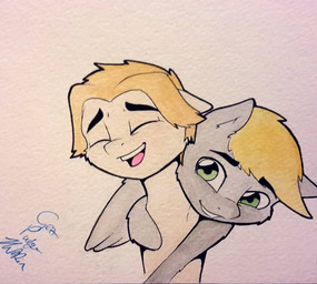 ambiguous_gender blonde_hair duo eyes_closed feathered_wings feathers fur green_eyes hair hug looking_at_viewer male open_mouth orange_hair simple_background smile teeth tongue white_background wings conditional_dnp pudgeruffian hasbro my_little_pony mythology fan_character equid equine horse mammal mythological_creature mythological_equine pegasus pony source_request unavailable_at_source