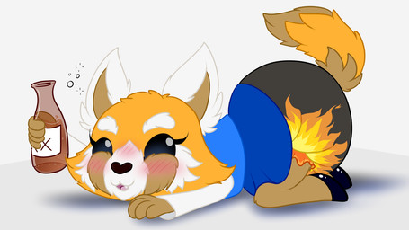 alcohol anthro ass_up beer beverage big_diaper blush bottomwear clean_diaper clothed clothing diaper drunk female fire lying office_clothing pencil_skirt skirt smile solo substance_intoxication wearing_diaper plinkiepoi aggretsuko sanrio retsuko ailurid mammal red_panda 16:9 hi_res widescreen