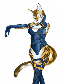 anthro armwear biped blue_eyes breasts brown_body brown_fur clothing elbow_gloves female fur gloves handwear leggings legwear looking_at_viewer simple_background smile solo spots straps tight_clothing white_background yellow_body yellow_fur koncon felid feline leopard mammal pantherine 2021 hi_res