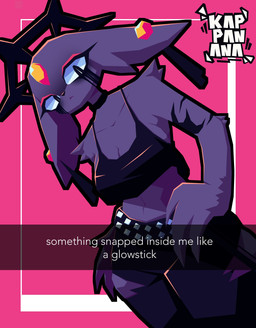 anthro belt big_breasts big_ears black_bottomwear black_clothing black_pants black_topwear bottomwear breasts choker cleavage clothed clothing ear_piercing eyeshadow female floppy_ears forehead_gem front_view fur gem halo hand_on_hip jewelry looking_at_viewer lop_ears makeup mascara navel necklace pants piercing pink_background pink_eyeshadow purple_body purple_fur running_makeup running_mascara simple_background solo text thick_thighs topwear torn_bottomwear torn_clothing torn_pants wide_hips kappanana nine_sols red_candle_games goumang_(nine_sols) felid feline mammal solarian absurd_res english_text hi_res