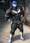 abs anthro balls big_pecs big_penis black_clothing black_suit boots clothing erection footwear genitals gloves handwear male moobs muscular muscular_anthro muscular_male navel nipples pecs penis red_eyes shoes solo suit superhero tight_clothing white_boots white_clothing white_footwear white_gloves white_handwear alkan black_alto cetacean dolphin mammal marine toothed_whale absurd_res hi_res