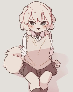 anthro bottomwear clothing collar female footwear looking_at_viewer sitting skirt smile smiling_at_viewer socks solo topwear vest yagi_the_goat canid canine canis domestic_dog mammal