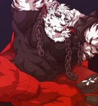 anthro blue_eyes clothing fur male muscular muscular_anthro muscular_male scar simple_background solo striped_body striped_fur stripes white_body white_fur istani arknights hypergryph studio_montagne mountain_(arknights) felid mammal pantherine tiger hi_res