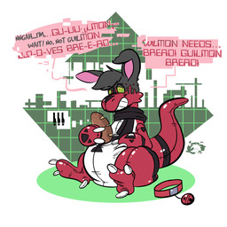 3_toes anthro black_body black_fur bread claws collar dialogue digital_hazard ellipsis exclamation_point feet food fur goo_transformation inflatable latex long_ears male markings mind_control red_collar scarf simple_background smile solo speech_bubble spiral spiral_eyes symbol text toe_claws toes transformation trevor-fox bandai_namco digimon animate_inanimate digimon_(species) guilmon lagomorph leporid living_inflatable mammal rabbit scalie 1:1 2018 digital_drawing_(artwork) digital_media_(artwork) english_text hi_res