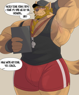 anthro arm_behind aroused aroused_male athlete beard biceps big_bulge big_muscles big_pecs black_clothing black_fingerless_gloves black_gloves black_handwear black_hat black_headwear black_shirt black_tank_top black_topwear blonde_beard blonde_chest_hair blonde_eyebrows blonde_facial_hair blonde_hair blonde_sideburns blush blush_lines body_hair bottomwear brown_body brown_facial_hair brown_fur brown_mustache bulge chest_hair chest_tuft clipboard clothing coach dialogue eyebrows facial_hair fingerless_gloves fur gloves hair hand_behind_head handwear hat head_rub headgear headwear holding_clipboard holding_object huge_pecs jock looking_at_viewer male manly mature_anthro mature_male muscular muscular_anthro muscular_arms muscular_male mustache nipples offscreen_character pecs red_bottomwear red_clothing red_shorts rubbing_head shirt shorts sideburns solo speech_bubble tail tank_top text thick_arms thick_thighs topwear tough_guy tuft whistle_(object) whistle_around_neck yellow_body yellow_fur castrodour canid canine canis mammal wolf 5:6 absurd_res english_text hi_res