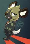 boots clothed clothing ear_tuft footwear fur looking_at_viewer looking_back male open_mouth shoes simple_background solo teeth tuft orangetavi aggretsuko sanrio haida_(aggretsuko) hyena mammal spotted_hyena 2018