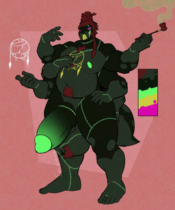 4_eyes 6_arms anthro ball_tuft balls belly_tuft big_penis body_hair chest_hair color_swatch dreadlocks fangs genitals half-erect huge_penis humanoid_genitalia humanoid_penis hyper hyper_genitalia hyper_penis kiseru male male_anthro multi_arm multi_eye multi_limb nude_male pecs penis pink_eyes smoke smoking smoking_pipe solo stitch_(sewing) teeth tuft lewdoverich arachnid arthropod spider absurd_res hi_res