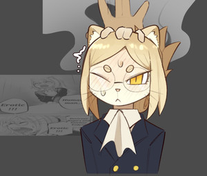 anthro blonde_hair blush blush_lines bodily_fluids clothed clothed_anthro clothed_female clothing dialogue eyewear female glasses hair headpat looking_at_viewer petting pink_nose round_glasses simple_background solo speech_bubble sweat sweatdrop text wearing_glasses svkhaiminh hitoner miss_tonerico felid feline mammal colored hi_res shaded