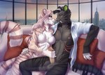 anthro anthro_on_anthro balls black_body black_fur breasts claws clothed clothing detailed_background duo erection fangs female fluffy fluffy_tail fur genitals green_eyes grey_body grey_fur hair handjob looking_pleasured male male/female nipples open_mouth open_smile partially_clothed penile pink_body pink_fur pink_hair scar sex smile tail teeth white_body white_fur mrrrn smurple_(grumbbuck) felid mammal pantherine prehistoric_species saber-toothed_tiger tiger