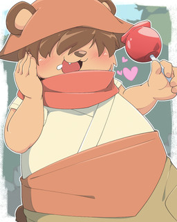 anthro apple bodily_fluids candy candy_apple dessert drooling dutch_angle fangs floating_heart food fruit hair hair_over_eyes heart_symbol kemono male open_mouth plant saliva solo teeth young young_anthro young_male kemoizumi hulun bear eldorian mammal 2026 4:5 hi_res japanese_description portrait three-quarter_portrait
