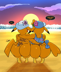 accessory anthro ass_to_ass back_boob beach big_butt biped blue_clothing both_sexes_in_same_situation bottomless bottomless_female breasts butt clothed clothing detailed_background dialogue duo female female_anthro furgonomics glistening glistening_body hat hat_only headgear headgear_only headwear headwear_only hip_to_hip huge_butt intraspecies male male/female male_anthro mostly_nude mostly_nude_male outdoor_nudity outside pokemorph rear_view sea side_by_side speech_bubble standing sun sunset tail tail_accessory text water yellow_body carlos_jurado_cartoons nintendo pokemon mr._windychu ms._wavychu generation_1_pokemon pikachu pokemon_(species) 2026 digital_media_(artwork) english_text hi_res