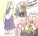 anthro blonde_hair blush cape clothing crown dialogue facial_hair female fur hair headgear horn long_ears long_horn male mature_anthro mature_female mature_male robe text white_body white_fur yomf9843 undertale undertale_(series) asgore_dreemurr toriel boss_monster_(undertale) bovid caprine mammal 2017 english_text hi_res