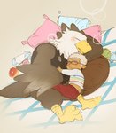 anthro apple beak black_clothing black_topwear black_vest blush bottomless bottomwear brown_body brown_feathers clothed clothing cuddling duo eyes_closed feather_hands feathered_wings feathers food fruit fully_clothed hug larger_anthro lying male multicolored_body multicolored_feathers on_side open_beak open_mouth pillow plant size_difference sleeping smaller_human tail tail_feathers topwear two_tone_body two_tone_feathers vest white_body white_feathers wings yarn yellow_beak kijima222 animal_crossing nintendo apollo_(animal_crossing) villager_(animal_crossing) accipitrid accipitriform avian bald_eagle bird eagle human mammal sea_eagle 2017 digital_media_(artwork) flat_colors hi_res translated_description