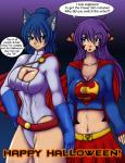 big_breasts black_stripes blue_eyes blue_hair breasts brown_eyes cleavage cleavage_cutout clothed clothing cosplay costume cutout duo facial_markings female hair head_markings huge_breasts long_hair markings purple_hair stripes tight_clothing sageofotherworlds yosh!_comics blue_(yosh) kate_summers animal_humanoid cat_humanoid domestic_cat felid felid_humanoid feline feline_humanoid felis human humanoid mammal mammal_humanoid