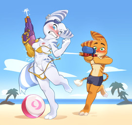 anthro areola arm_tuft aroused ball beach beach_ball big_ears bikini blue_eyes blush breasts bulge clenched_teeth clothing duo ear_piercing ear_ring embarrassed eyewear eyewear_on_head female fluffy fluffy_tail fur genitals goggles goggles_on_head gold_bikini green_eyes inflatable innie_vulva logo male male/female nipples orange_body orange_fur outside piercing ring_piercing sea seaside shoulder_tuft sky swimming_trunks swimwear tail teeth toy toy_gun tuft two-piece_swimsuit vulva wardrobe_malfunction water water_gun white_body white_fur yellow_body yellow_fur kyuuoku insomniac_games ratchet_and_clank sony_corporation sony_interactive_entertainment ratchet_(ratchet_and_clank) rivet_(ratchet_and_clank) lombax mammal 2025 absurd_res hi_res
