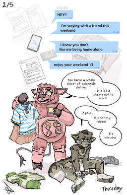 ageplay anthro clothed clothing collar dialogue diaper electronics fur hair infantilism machine male multicolored_body multicolored_fur nipples phone roleplay tail text wearing_diaper bewskyss animatronic canid canine canis domestic_dog mammal robot comic english_text