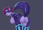 2018 anthro anus bent_over big_breasts biped blue_body blue_fur breasts canid canine eyewear female fennec_fox fox fur genitals goggles hair hi-rez_studios kimirasu mammal nipples open_mouth paladins_(game) pepper_(paladins) pink_hair presenting pussy raised_tail rear_view simple_background solo standing tail true_fox