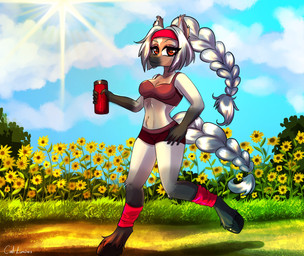 anthro athlete braided_hair braided_ponytail braided_tail clothing exercise female flower hair plant ponytail running solo sunflower tail workout caliluminos equid equine horse mammal absurd_res hi_res