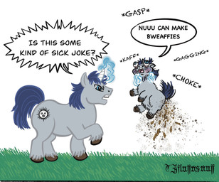 1_horn abuse alternate_species ambiguous_feral ambiguous_gender angry asphyxiation baby_talk bloodshot_eyes blue_eyes blue_hair brown_hooves choking cough death dialogue duo dying eye_popping feces feral fur glowing glowing_horn grass grey_body grey_fur hair hooves horn killing levitation magic open_mouth plant pooping side_view spiral_horn square_crossover teeth text torture white_horn young young_ambiguous young_feral tjfluffnsnuff fluffy_pony hasbro my_little_pony mythology equid equine fluffy_pony_(species) mammal mythological_creature mythological_equine unicorn 2026 artist_name digital_media_(artwork) english_text hi_res