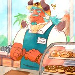 anthro apron brown_body brown_scales clothing coffee_shop counter dessert donut_shop doughnut duo food hair horn horned_beard male palm_tree pastry plant red_body red_scales scales smile teal_hair tree volcano riotaro15 anothereidos_of_dragon_vein_r mythology atmos_(anothereidos_r) barboros_(anothereidos_r) dragon mythological_creature mythological_scalie scalie 1:1 hi_res