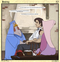 5_fingers alternative_fashion anthro asking asking_another bandage beak bench biped blood blood_stain bodily_fluids border brown_hair classic_lolita clothed clothed_anthro clothed_female clothed_human clothed_male clothing countershade_face countershade_fur countershading dialogue eye_contact eyebrows eyelashes feather_hands feathered_wings feathers female female_anthro fingers fireplace fully_clothed fully_clothed_anthro fully_clothed_female fully_clothed_human fully_clothed_male fur furniture group hair hand_on_arm headdress j-fashion light_body light_skin linked_speech_bubble lolita_(fashion) looking_at_another male male_human narrowed_eyes nobleman page_number question rags scissors shirt sitting snout speech_bubble standing talking_to_another text title topwear trio white_clothing white_shirt white_topwear wimple wings wood wood_bench wood_furniture yellow_sclera sir_paulus disney robin_hood_(disney) lady_kluck maid_marian pavel_(sir_paulus) avian bird canid canine canis chicken fox galliform human mammal phasianid artist_name comic english_text hi_res