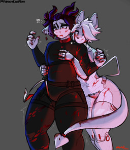 anthro arm_tattoo blood bodily_fluids clothing collar cybernetics duo femboy fur horn knife latex latex_clothing latex_skinsuit leg_tattoo machine male male/male piercing red_eyes skinsuit tattoo tight_clothing white_body white_fur remilust dreddy_(dreddyhypno) bovid caprine cyborg domestic_cat felid feline felis goat imp mammal robot_anthro absurd_res hi_res