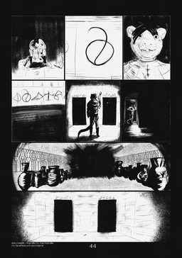 8_panel_comic anthro biped black_eyes black_hair clothed clothing corridor fingers floor gloves hair handwear holding_object holding_torch kneeling male open_mouth page_number pottery solo standing symbol tail teeth text tongue torch walking wall_(structure) white_sclera white_text leprzil mammal murid murine rat rodent 2026 artist_name comic english_text hi_res monochrome